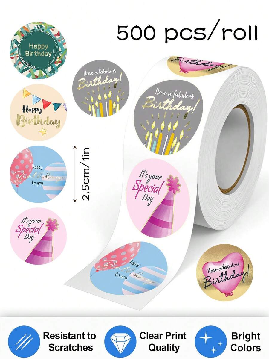500pcs/Roll Happy Birthday Graffiti Stickers, 1 Inch Round, 6 Patterns Include Candle, Balloon, Flag, Ideal For Birthday Party, Gift Wrapping, DIY Decoration, PVC Waterproof Stickers - Multicolor - View 1