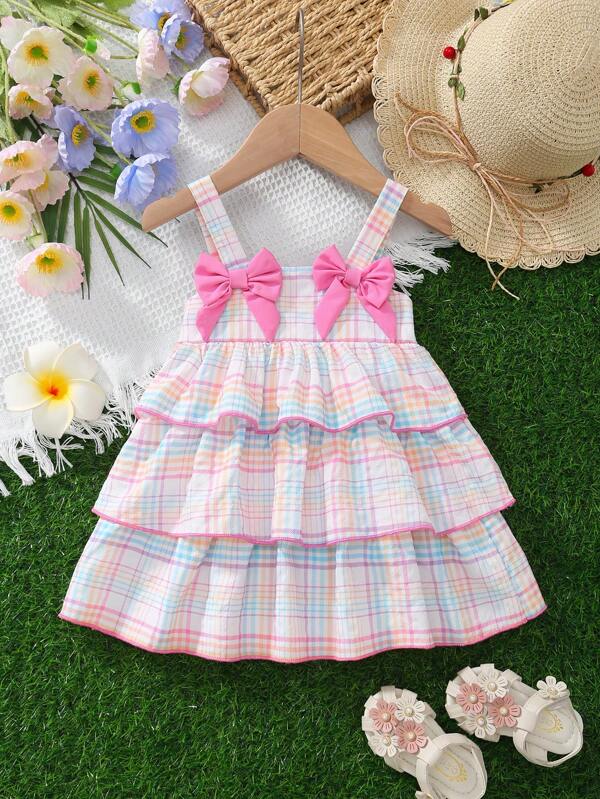 1 pièce Robe d'été pour bébé/fille bébé, mode décontractée polyvalente, mignonne, sans manches, avec couche à carreaux et décoration de nœud
