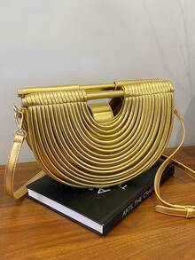 2025新款夏季时尚创意手工编织金色手提包，女士钱包，独特派对包，半圆形包，可单肩斜挎，适合度假、通勤、聚会、舞会和派对