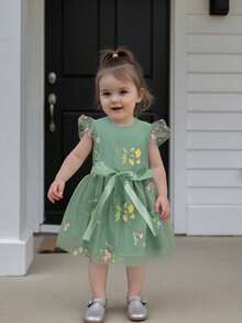 Girls Floral Embroidered Dress Toddler Fly Sleeve Princess Dress Birthday Wedding Pageant Party Dresses - Army Green - View 2