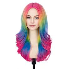 MBERON Women Rainbow Wig Long Colorful Wavy Curly Wig For Girls Adult Multi Color Wigs For Cosplay Party Multicolor Wigs With Cap7001 - 彩色 - 查看 3