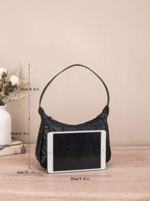 Bolso de mujer de grano de lichi PU, bolso de hombro de moda para mujer, bolso de mano de unicolor con cierre de cremallera y muñequera, forro de poliéster, versátil bolso de almohada para debajo del brazo - Disponible en blanco, negro, rosa, caqui, marrón