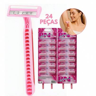 24 Aparelhos de Barbear Rosa Descartáveis Antialérgico para Depilação 3 Lâminas e Fita Lubrificante