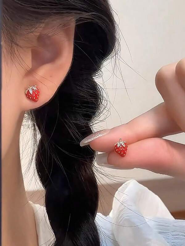 1pair Fashionable Small & Delicate & Lovely Strawberry Stud Earrings In Red Color