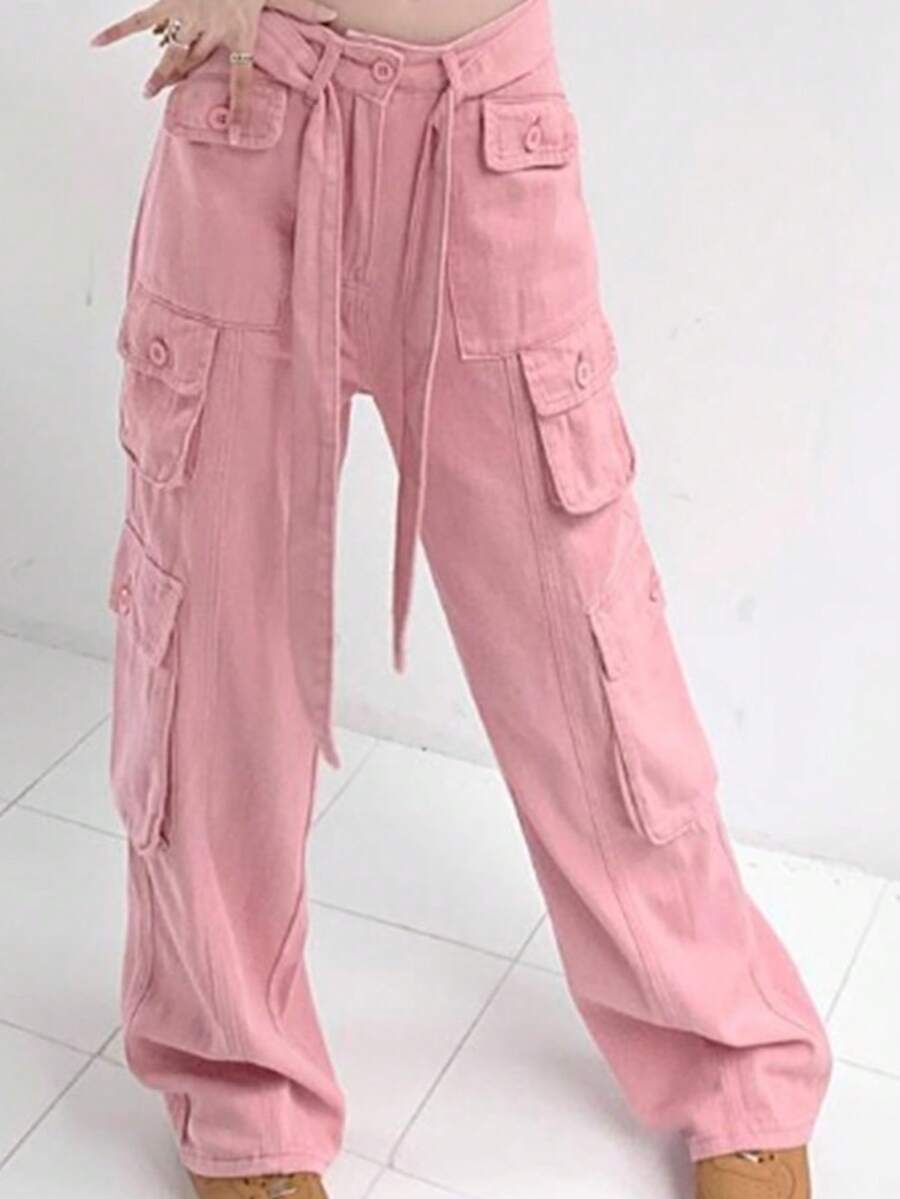 Multi Pocket Loose Slim Straight Pants  Plain    Casual    Zipper    Daily - 粉色 - 查看 1