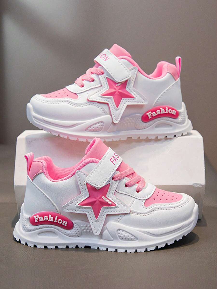 1 双男女儿童休闲平底鞋，儿童软底可爱星星设计透气运动跑步鞋，适合所有季节的多功能时尚鞋 - 粉色 - 查看 1