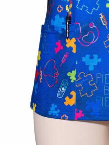 Top da infermiera con maniche corte, scollo a V, con stampa a cuore e puzzle, per primavera ed estate, con tasche, per donna