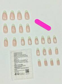 24pcs Minimalist Cute White Flower Green Trim 3D French Almond Shaped Press-On False Nail Set, Suitable For Office Ladies, Daily Wear, Dates, Afternoon Tea, Outings