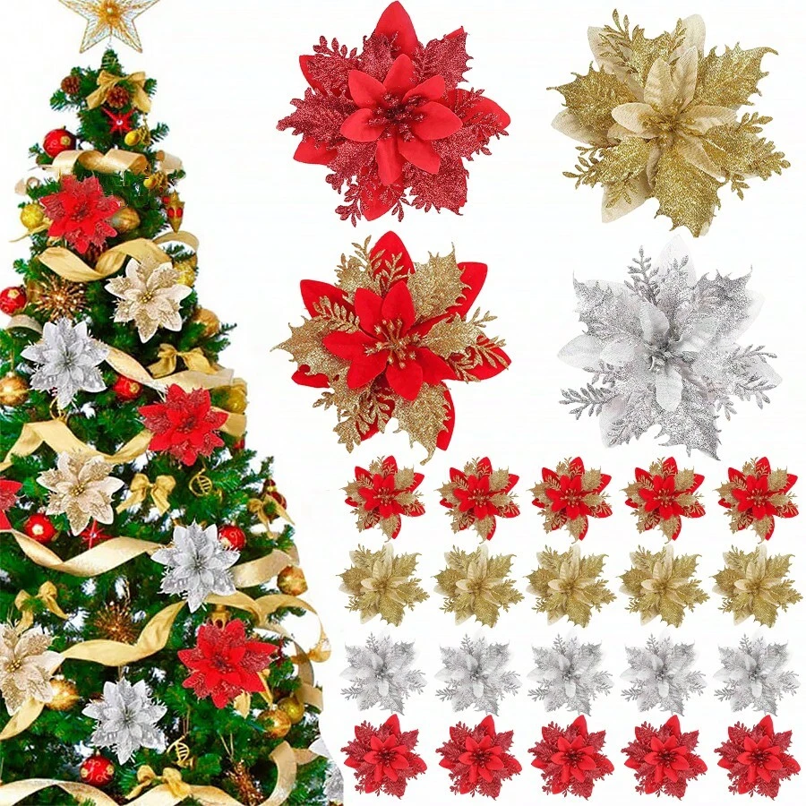 1/3/10/15/20/40Pcs Glitter Poinsettia 5.5" Artificial Flowers Christmas With Clips Stems Xmas Tree Ornaments For Christmas Party Wreath Decoration,Christmas Indoor Outdoor Decoration,Christmas Home Decoration,Office, Garden, Party, Shop Decoration, Party, Wedding, And Holiday Decoration - Container Free, Plastic Material, Desktop Placement, Romantic Centerpiece, DIY Crafts - Multicolor - View 1