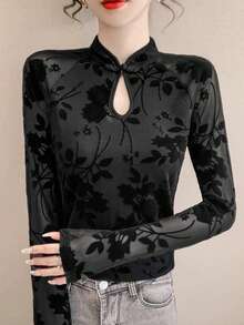 女士植绒蕾丝保暖上衣，复古旗袍领扣式网眼长袖衬衫，时尚秋冬