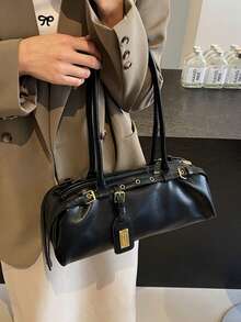 1 件新款时尚 PU 通勤包，时尚纯色复古别致单肩腋下包，适合女士，秋冬 - 黑色 - 查看 5