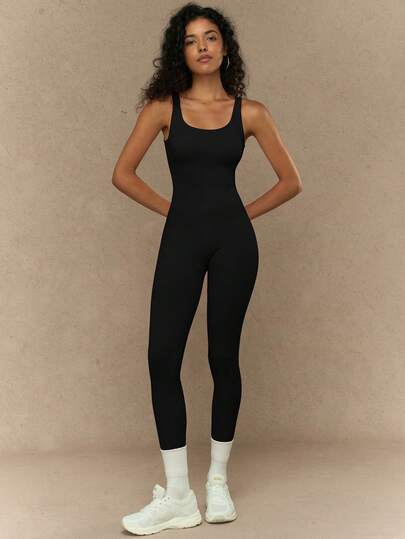 Yefecy Bộ jumpsuit nữ sát nách màu trơn phong cách tối giản, phù hợp tập fitness hàng ngày, định hình toàn thân, màu đen, phong cách mùa hè