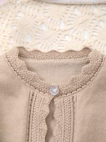 优雅女婴镂空蕾丝针织开衫披肩，婴儿礼物，秋冬 - 卡其色 - 查看 2