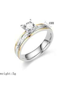 2pcs Stainless Steel Couple's Rings, Fashion Versatile Minimalist Bicolor Artificial Diamond Wedding Ring Set