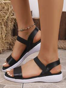 New Women's Thick Sole Platform Wedge Slip-On Sandals, Casual Black Elastic Band, For Travel & Home - Black - View 4