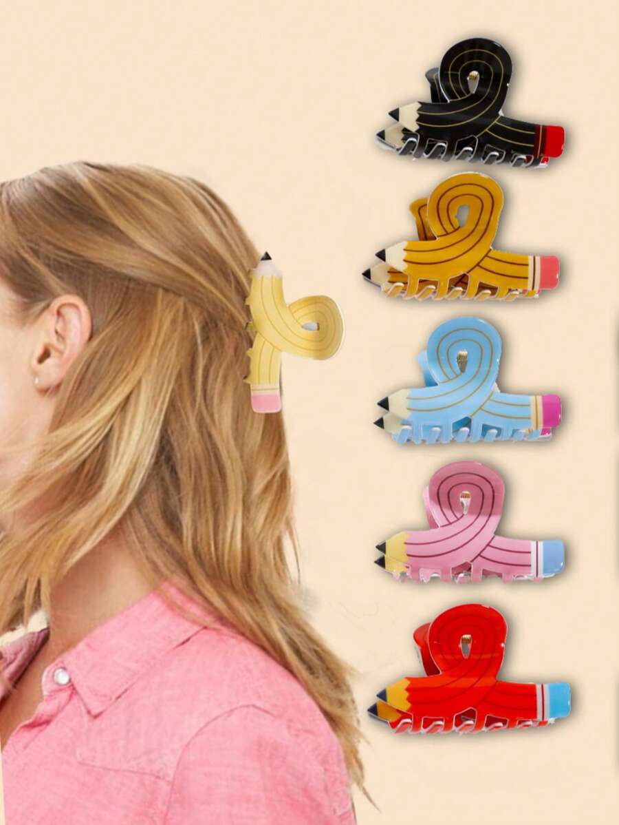 Hair Clips 1pc, Personalized Twisted Pencil Gripper Creative Design Cartoon Cute Hairpin Ponytail Clip Hair Claw School Season Gift Hair Accessories Elegant Claw Clips, School Stuff, College Autumn Accessories Fall Winter For Vacation Outfits Woman