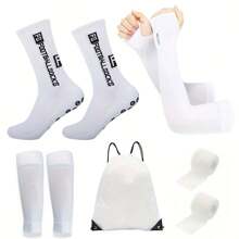 Set da 5 pezzi: calze da calcio sopra la caviglia, maniche protettive contro il sole, coperture protettive per calze, cinghie sportive, zaino con coulisse. Calze antiscivolo professionali per allenamenti, adatte per giochi con il pallone, corsa e attività all'aperto per uomo e donna.