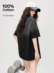Washed Ombre 2-Tone Cartoon Print Short Sleeve T-Shirt Midi Length Women Tee Summer Top