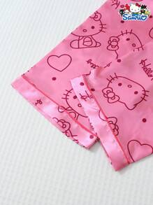 Sanrio 2件套女士春夏粉色缎面三丽鸥Hello Kitty翻领长袖纽扣口袋上衣和蝴蝶结长裤睡衣套装，适合居家穿着，秋冬皆宜 - 粉色 - 查看 7