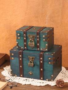 1 件大号复古绿色木制珠宝盒，欧式方形木盒储物盒道具带锁，工艺装饰