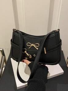 1pc Quilted Zipper Closure PU Solid Color Square Bag, Fashionable Handfeel Versatile Underarm Bag For Women, Personalized Strap Decor Bow Accent Minimalist Commuter Shoulder Bag, Large Capacity Vintage Vibe Suitable For Daily Use, Outing, Dating - Black - View 8