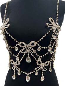 跨境蝴蝶结胸链女镂空流苏水钻身体链高端手感舞会时尚配饰欧美1PC优雅灵动蝴蝶水钻流苏连衣裙女式性感身体链饰品派对夜店舞台配饰 - 蝴蝶型 - 查看 7