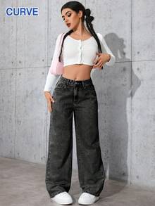 万圣节大码牛仔裤，秋冬女装简约休闲宽松直筒水洗牛仔裤 - 黑色 - 查看 8