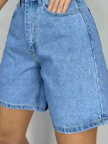 女士宽松休闲纯色百慕大牛仔短裤，夏季