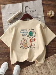 Tween Boy 休闲图案印花圆领短袖 T 恤，夏季上衣 - 杏色 - 查看 1