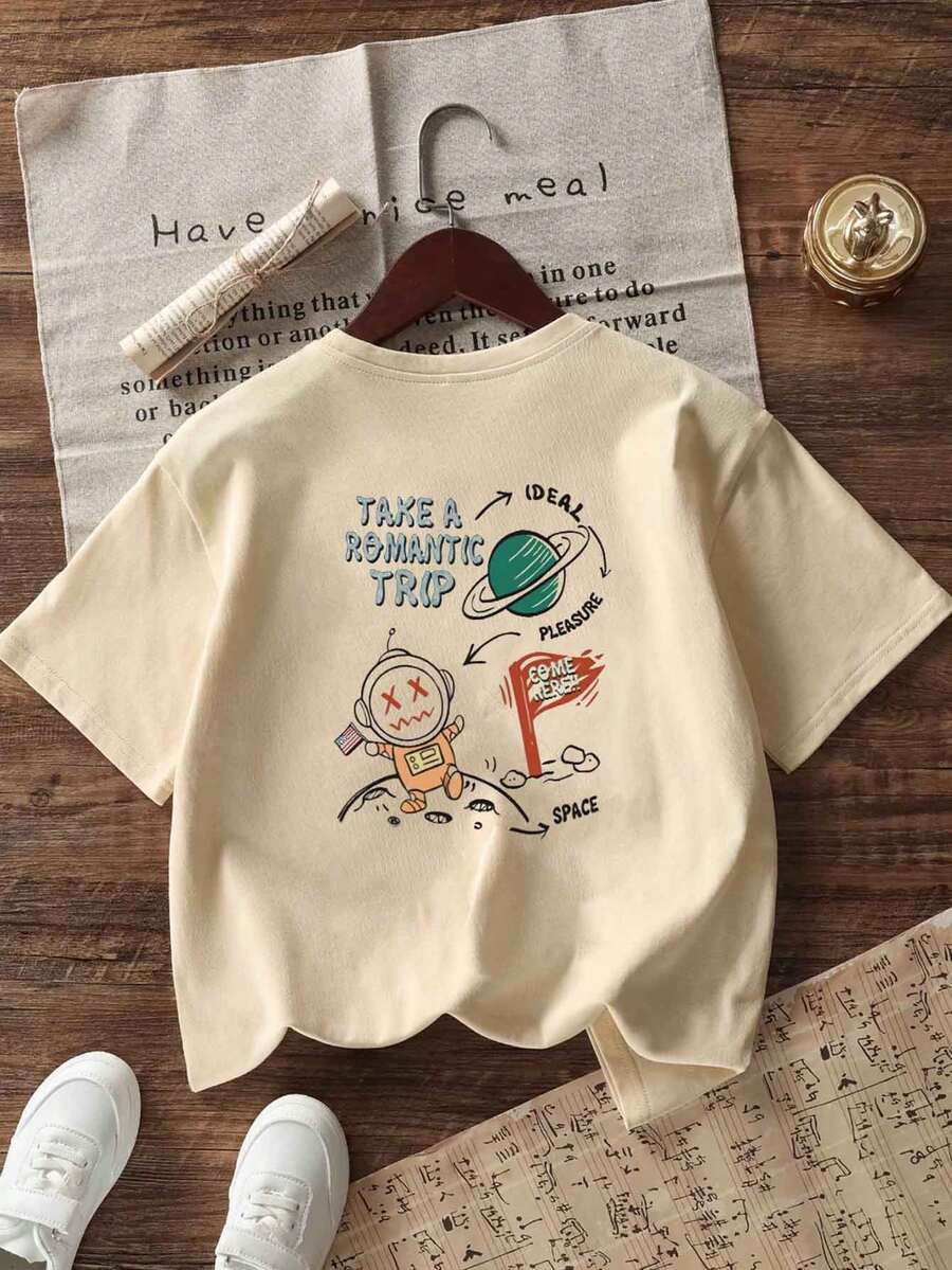 Tween Boy 休闲图案印花圆领短袖 T 恤，夏季上衣 - 杏色 - 查看 1