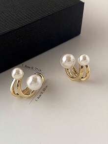 2pcs Faux Pearl Earrings, Can Be Worn As Studs Or Dangle Earrings, Modern Design Ladies' Accessories, Vintage Style Ear Jewelry With Geometric Rhinestone & Pearl Ring Decoration