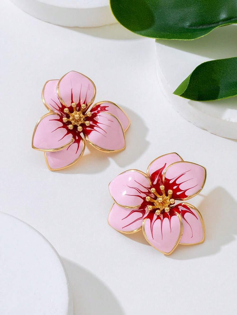 1 对甜美可爱的珐琅粉色花卉耳钉，适合节日、约会、海滩度假佩戴 - 粉色 - 查看 1