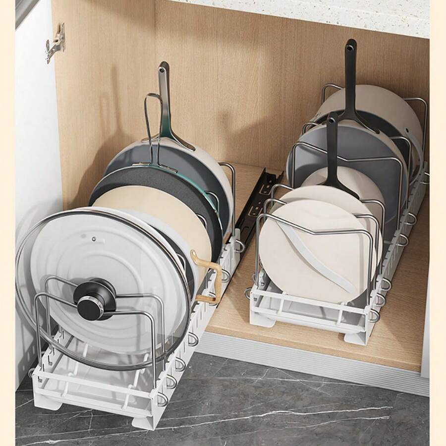 Pull-Out Under-Cabinet Organizer For Pots And Pans, Sliding Lid Holder And Pan Rack In The Kitchen, Extendable Cabinet Storage For Pot Lids, Bakeware, Dishes, 7 Adjustable Dividers, White - 白色 - 查看 1