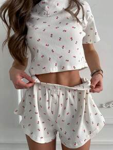 Two-Piece Women's Floral Print Short-Sleeved Shorts Home Wear Set, Sweet Style Casual Pajamas, Suitable For Home And Sleep Wear - 白色 - 查看 1