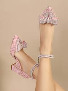 2025春夏新款尖头高跟鞋，蝴蝶结透明仙女带法式凉鞋，镶钻，优雅，女士高跟鞋，优雅，派对装扮，婚礼装扮 - 粉色 - 查看 2