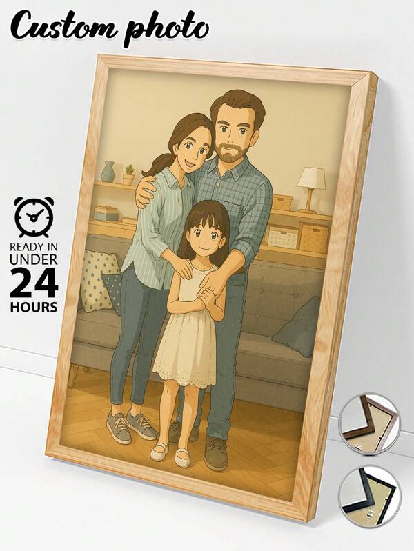 1 Pc, Optional Frame, Custom Canvas Painting, Custom Cartoon Portrait, Family Photos, Customized Couple Illustrations, Watercolor Paintings, HD Printing, Preserving Memories, Saving Beautiful Moments, Birthday Party, Anniversary, Unique Perfect Art Gift