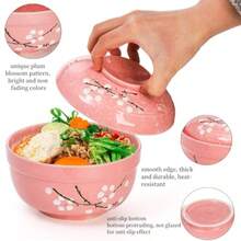 SHUS0033-2 Pack Ceramic Ramen Noodle Bowl 27 OZ Big Ramen Bowl With Lid Panese HandPainted Ceramic Tablre Durable Floral Soup Bowl For Noodles Porridge Rice Dishwasher Safe Pink Cyan Blue - PinkCyan - View 4