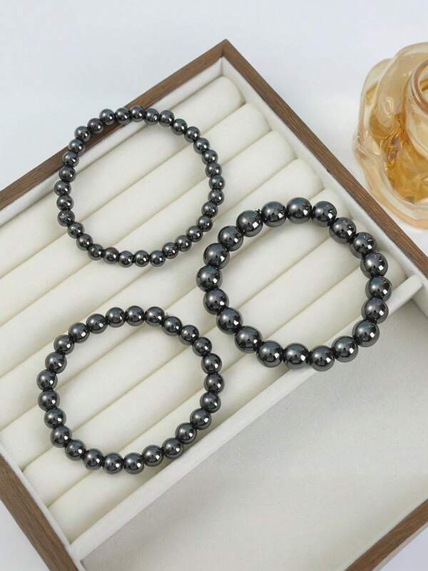 1pc Elastic Magnetic Bead & Black Stone Bracelet, Fashionable & Simple Design Suitable For Women Daily Wear