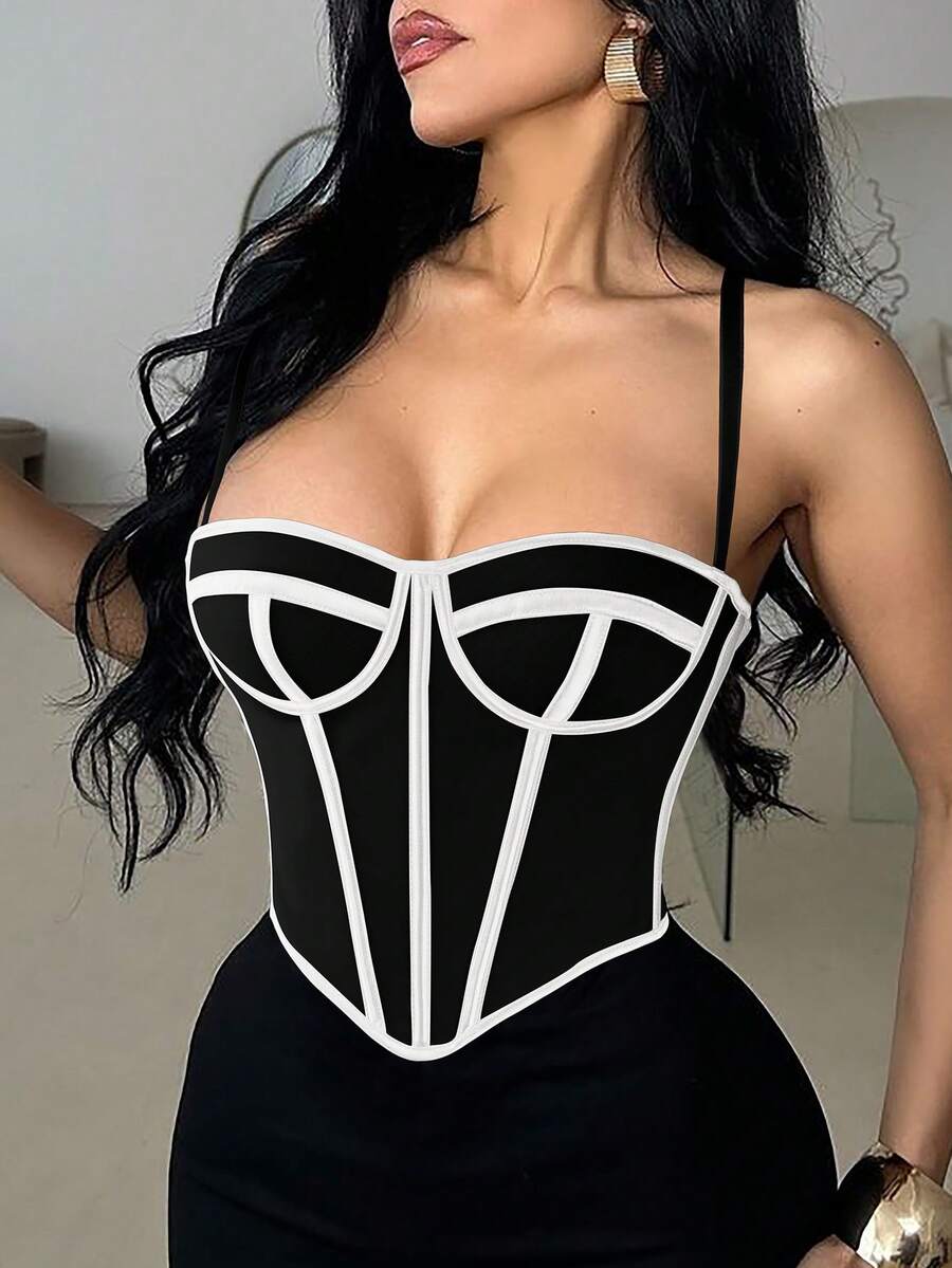 Apperloth A Y2K Sexy Corset Boned Tops For Women Mesh Grommet Eyelet Lace Up Back Backless Adjustable Straps Overbust Bustier Shapewear Crop Cami Tank Top Rave Festival Going Out Outfits Christmas Clothes Halloween Costumes - Black and White - View 1