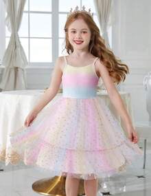 2025Toddler Girls Tulle Dress Rainbow Tutu Birthday Princess Dresses Formal Photo Shoot Outfit Summer Clothes 2-6T'Sprout Style' - 黑色 - 星星薄紗 - 查看 9