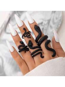 Set de 4 anillos con forma de serpiente, anillo vintage punk con estampado geométrico de serpiente en estilo exagerado - Negro - Ver 8