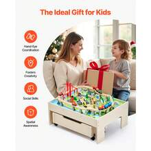 Train Table, 100 Multicolor Pieces Wooden Kids Activity Table With Rolling Storage Drawer, 3-In-1 Wooden Train Set For Gaming, Drawing, Reading, Eating, Creative Toy Set For Kids Ages 3+ - 100 Multicolor Pieces - View 6