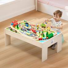 Train Table, 84 Multicolor Pieces Wooden Kids Activity Table With Collapsible Storage Bin, 3-In-1 Wooden Train Set For Gaming, Drawing, Reading, Eating, Creative Toy Set For Kids Ages 3+ - 84 Multicolor Pieces - View 9