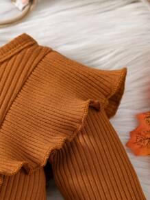 2-Piece Set Of Halloween Pit Stripe Texture Baby Girl Bow Ruffled Long Sleeved Jumpsuit With Pumpkin Print Skirt And Bow Headband - 卡其色 - 查看 5