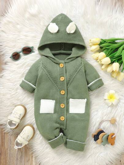 Macacão verde fofo para bebê com capuz, desenho de orelha e bolso, manga comprida, moda casual