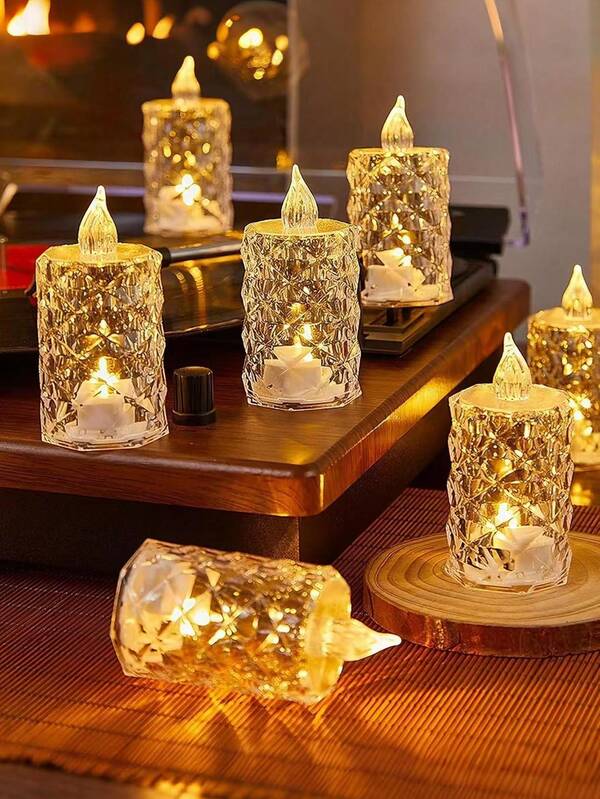 Cirelle 12 piezas - Lámpara de vela con patrón de diamante y cristal transparente simulado, vela electrónica sin llama LED, utilizada para decoración de mesa de hotel, atmósfera de boda, decoración para fiesta de vacaciones, lámpara de ambiente para acampar al aire libre, decoración navideña, decoración del hogar, decoración de habitación, decoración de dormitorio