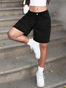 Women's Solid Color Bermuda Denim Shorts, Fashion For Summer Casual Black - Black - View 6