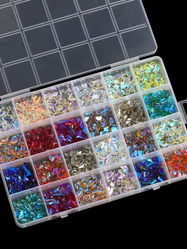 Aproximadamente 1800 piezas de diamantes de resina de formas especiales de aurora para decoración de uñas, diamantes de uñas multicolor y de diferentes formas, estuche de 24 compartimentos con joyas brillantes para uñas, se pueden usar para decoraciones DIY y accesorios faciales