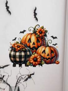 1pc Halloween Novelty Wall Decal, Creepy Pumpkin & Dark Rose Floral Vine Background Wallpaper Sticker, Self-Adhesive Decor For Bedroom, Living Room, Corridor, Entryway, Kitchen, Bathroom, Festive Home Decor Halloween Decor Fall Decor Room Decor Autumn Decor