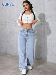 Jeans droits casual et lâches en denim lavé pour femmes grande taille